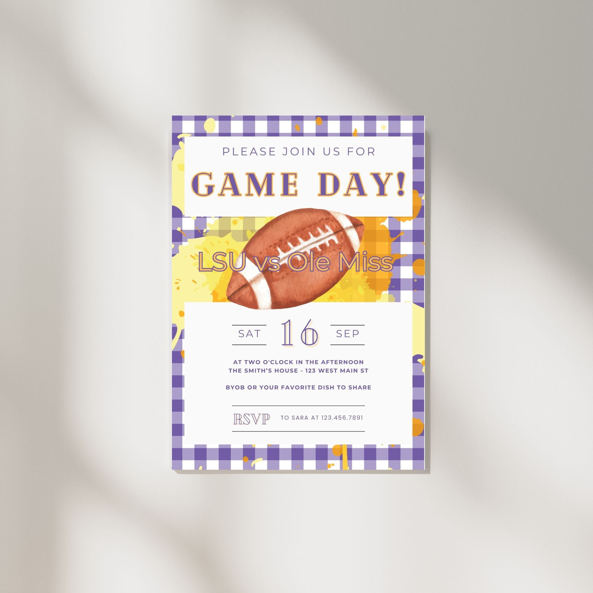 Purple and Yellow Team Football Game Day Party Invitation