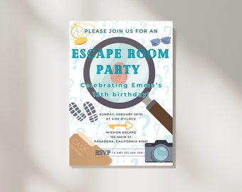 May include: An invitation to an escape room party celebrating a 13th birthday. The invitation features a magnifying glass, a key, a camera, a case, and footprints on a white background with blue question marks. The text reads "Please join us for an Escape Room Party Celebrating Emma's 13th birthday!"  Sunday, January 28th at 4:00 o'clock. Mission Escape 123 Main St. Pasadena, California 91001. RSVP to Amy 123.456.7891.