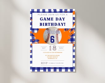 Game Day Birthday Party Invitation - Orange and Blue Team Baseball  - Digital