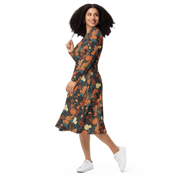 Autumn Dress PUMPKIN PATCH Long Sleeve Midi Dress With Pockets Pumpkins  Autumn Leaves Floral Fall - Etsy