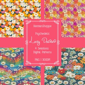 Peut inclure: Quatre motifs numériques sans couture représentant des marguerites psychédéliques dans différentes couleurs et arrangements. Les motifs sont intitulés "Lazy Daisies" et sont en 300 DPI.