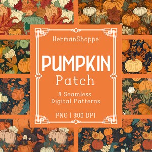 Puede incluir: Un conjunto de 8 patrones digitales sin costuras que presentan calabazas, hojas y flores en una paleta de colores otoñales. Los patrones son perfectos para crear manualidades, proyectos y diseños con temática otoñal. El texto "Pumpkin Patch" se muestra en una fuente decorativa.