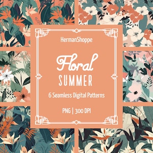 Peut inclure: Six motifs numériques sans couture avec des motifs floraux et tropicaux dans des tons de vert, rose, orange et blanc. Les motifs sont étiquetés "Floral Summer" et sont des fichiers PNG 300 DPI.