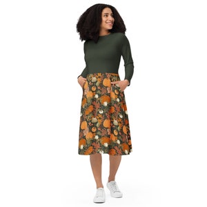 Autumn Dress PUMPKIN PATCH Long Sleeve Midi Dress With Pockets Pumpkins Autumn Leaves Floral Fall