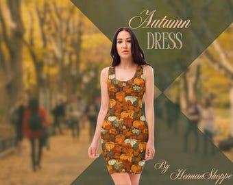 May include: A sleeveless dress with a fall-themed print of pumpkins, leaves, and other autumnal elements. The dress is a fitted style and has a dark background with orange, brown, and green accents. The text "Autumn Dress" is displayed above the model, and the text "By Herman Shoppe" is displayed below the model.