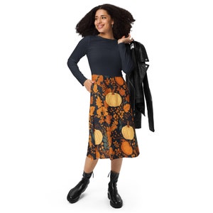 Autumn Dress PUMPKIN PATCH Long Sleeve Midi Dress With Pockets Pumpkins Autumn Leaves Floral Fall
