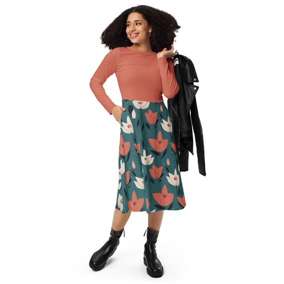 Autumn Dress FLORAL AUTUMN Long Sleeve Midi Dress With Pockets Flowers  Autumn Leaves Fall - Etsy