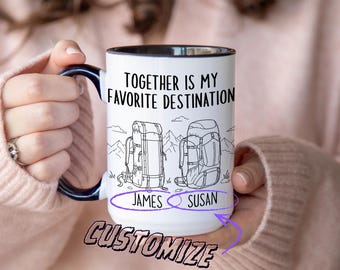 Personalized Couple’s Hiking Mug – Custom Name Coffee Cup, Outdoor Adventure Gift, “Together Is My Favorite Destination” Custom Names Mug