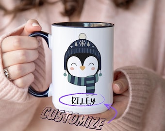 Personalized Penguin Mug – Custom Name Coffee Cup, Cute Winter Animal Gift, Cozy Hat Penguin Mug, Kids Name Mug, Woodland Animal Art