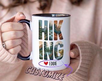 Personalized Hiking Mug – Custom Name Coffee Cup, Outdoor Adventure Gift, Nature Lover Mug, Hiking Word Art Mug
