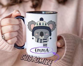 Personalized Koala Mug – Custom Name Coffee Cup, Cute Winter Animal Gift, Cozy Scarf Koala Mug, Kids Name Mug, Woodland Animal Art