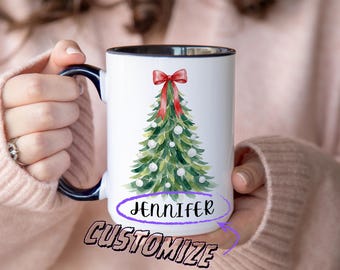 Personalized Christmas Tree Mug – Custom Name Holiday Coffee Cup, Festive Xmas Gift Green Pine Tree Mug, Seasonal Drinkware Name Mug for Her