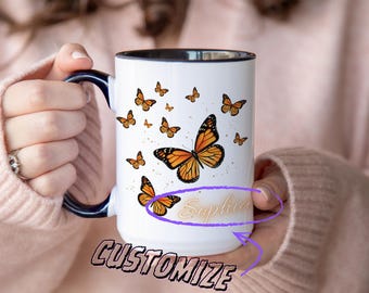 Personalized Butterfly Mug – Custom Name Coffee Cup, Monarch Butterfly Gift, Nature Lover Mug, Kids Name Mug, Butterfly Art Drinkware