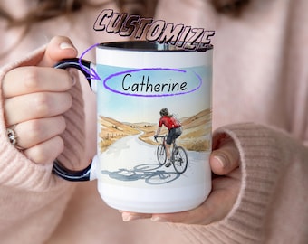 Personalized Cycling Mug – Custom Name Coffee Cup, Road Bike Lover Gift, Scenic Cycling Art Mug, Outdoor Sports Drinkware, Name Mug for Him