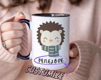 Personalized Hedgehog Mug – Custom Name Coffee Cup, Cute Winter Animal Gift, Cozy Scarf Hedgehog Mug, Kids Name Mug, Woodland Animal Art
