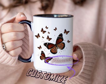 Mug papillon personnalisé - Tasse à café avec nom personnalisé, cadeau pour amoureux de la nature, tasse artistique papillon monarque, tasse avec nom d'enfant, verres inspirés du jardin