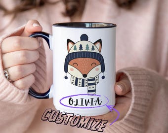 Personalized Fox Mug – Custom Name Coffee Cup, Cute Woodland Animal Gift, Winter Hat Fox Mug, Kids Name Mug, Forest Animal Art