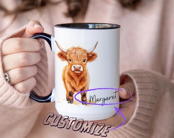 Gepersonaliseerde mok hooglandkoe - schattige koffiekopje baby koe, mok aangepaste naam, boerderijdiercadeau, cadeau koeliefhebber, mok rustieke land