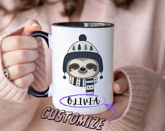 Personalized Sloth Mug – Custom Name Coffee Cup, Cute Winter Animal Gift, Cozy Scarf Sloth Mug, Kids Name Mug, Woodland Animal Art