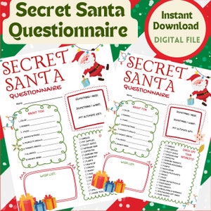 Secret Santa Questionnaire, Gift Exchange Form, Coworker Gift Swap, Printable Secret Santa Questions, Christmas Party, Christmas Printable