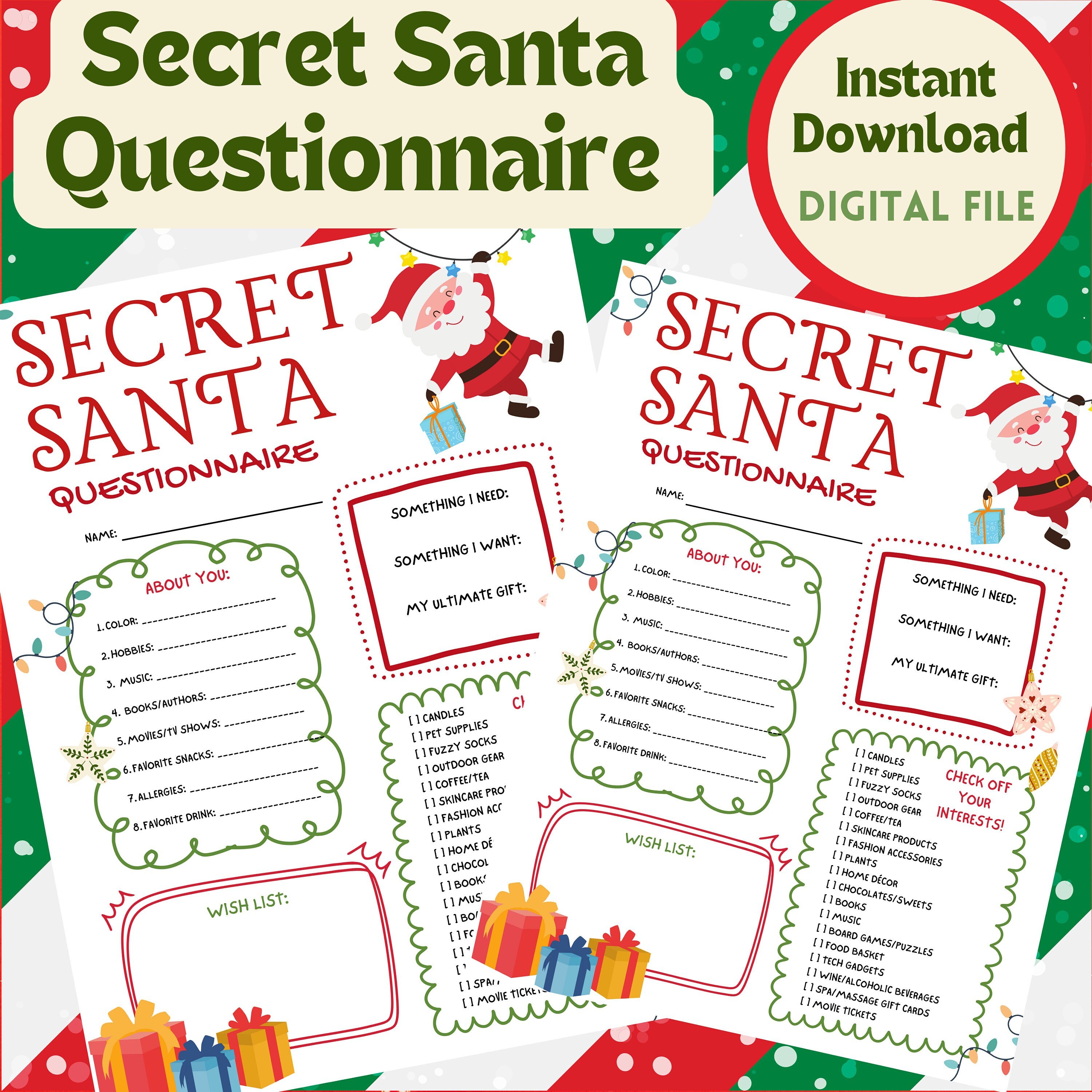 Secret Santa Questionnaire, Gift Exchange Form, Coworker Gift Swap ...