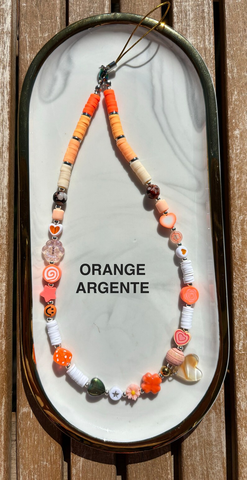 Bijoux de téléphone en perles heishi couleurs au choix personnalisables ORANGE ARGENTE