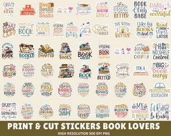 Printable Book Lover Stickers PNG Stickers - Print and Cut Book Stickers, Digital Download, Print and Cut Cricut, Silhouette