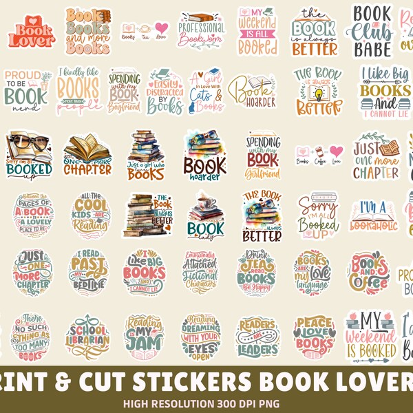 Printable Book Lover Stickers PNG Stickers - Print and Cut Book Stickers, Digital Download, Print and Cut Cricut, Silhouette