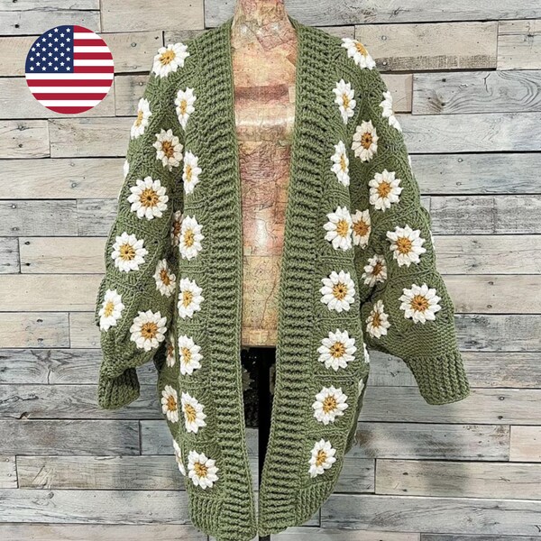 Cardigan carré grand-mère marguerite MOTIF, modèle au crochet, modèle de cardigan au crochet, carré grand-mère, cardigan carré grand-mère au crochet Daisy Cardigan