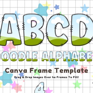 Canva Frame Doodle Alphabet UPPERCASE, lowercase and Numbers, Editable Canva Letters template Custom Fill Pattern Digital Downloads