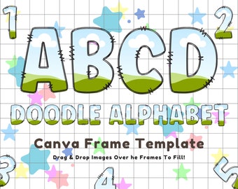 Canva Frame Doodle Alphabet UPPERCASE, lowercase and Numbers, Editable Canva Letters template Custom Fill Pattern Digital Downloads