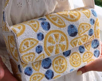 Beaded Lemon & Blueberry Shoulder Bag | Beaded Summer Shoulder Purse