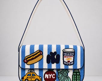 Hand Beaded NYC Shoulder Bag, New York City Beaded Purse, Taxi Hot Dog Bag