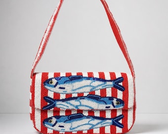 Beaded Red & White Stripe Sardine Shoulder Bag | Beaded Summer Shoulder Purse