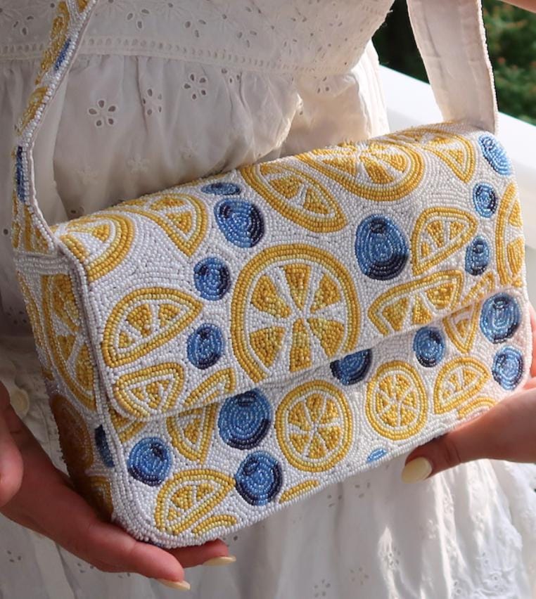 Beaded Lemon & Blueberry Shoulder Bag | Beaded Summer Shoulder