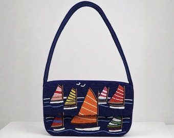 Hand Beaded Sailboat Shoulder Bag Nautical Coastal Purse