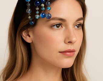 Handmade Black Velvet Headband with Blue Crystal Beads – Elegant Statement Hair Accessory by Ma