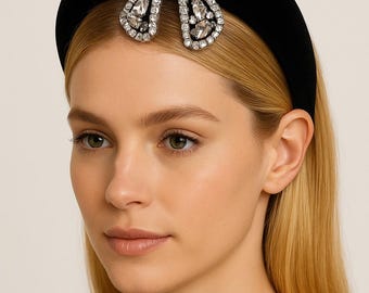Black Beaded Bow With Crystal Center Tie Headband, for  display picture 1