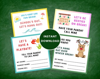 Tarjetas para citas de juego, Tarjetas imprimibles para citas de juego para niños, Tarjetas de presentación para niños, Tarjetas de contacto para padres, Tarjetas de presentación para citas de juego, Vacaciones de verano