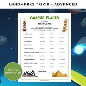 Famous Places Trivia Game; Geography Trivia, Famous Landmarks Trivia Questions, Homeschoolers Worksheets, Geography Quiz, Famous Cities