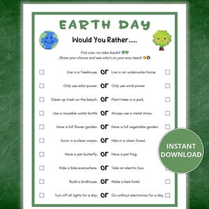 Earth Day Would You Rather Game, Earth Day Activities, Printable Earth Day Activity for Kids, Fun Classroom Icebreaker,