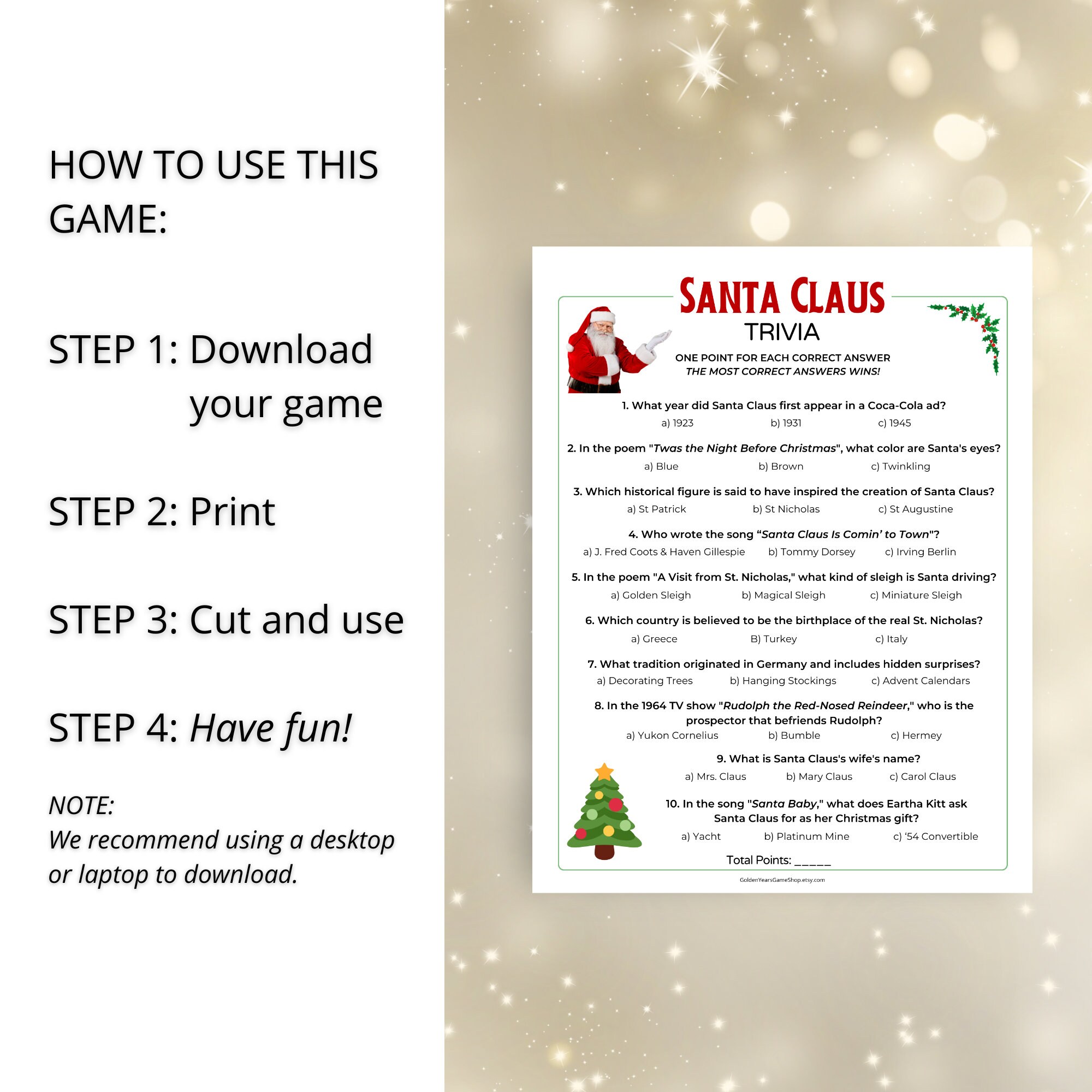 Santa Claus Trivia Game for Adults, Christmas Trivia, Christmas Game ...