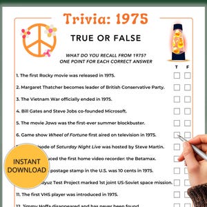 1975 True or False Trivia Game, Born in 1975, 50 Year Reunion Game, 50th Birthday Game, Back in 1975, Class of 1975, 50th Anniversary Game