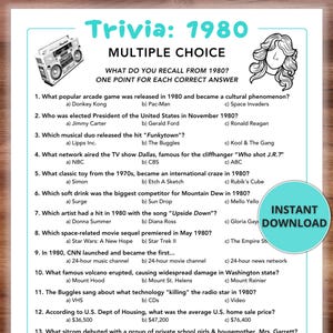 May include: A printable trivia quiz with 13 multiple choice questions about events and pop culture from the year 1980. The quiz is formatted with a title, question numbers, and answer choices labeled a, b, and c. The quiz is designed for a fun and engaging way to test your knowledge of the 1980s.