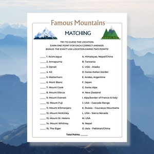 Mountains Trivia Game; Homeschool Geography; Geography Quiz; Family Reunion Game; Family Game Night; Homeschooler Worksheet, Trivia Question