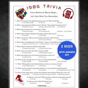 May include: A trivia game sheet titled "1986 Trivia" with questions about movies, music, and events from 1986. The sheet includes a Rubik's Cube graphic, a cassette tape graphic, and a red high-top sneaker graphic.