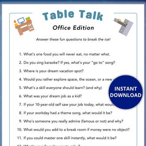 May include: A printable "Table Talk Office Edition" game with fun questions to break the ice. The design features a blue background with a white frame, and includes the text "Instant Download".