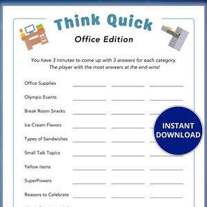 Think Quick Office Game – Printable Team Building Game for Staff Meeting or Office Party - Ice Breaker Game for new Employee, Staff Games