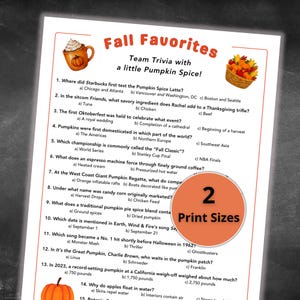 Pode incluir: Uma folha de papel branca intitulada Fall Favorites Team Trivia with a little Pumpkin Spice contendo treze perguntas de múltipla escolha sobre temas de outono. O documento inclui ilustrações de um café com especiarias e uma cesta de colheita.