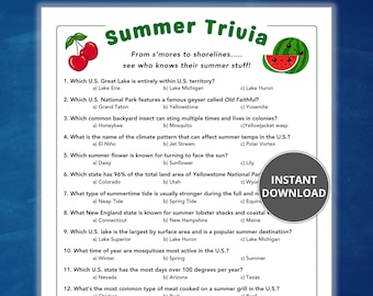 Summer Trivia Game, 4th of July Game, Questions for Kids, Pool Party Activity, Road Trip Game, Summer Activity, Summertime Trivia Questions